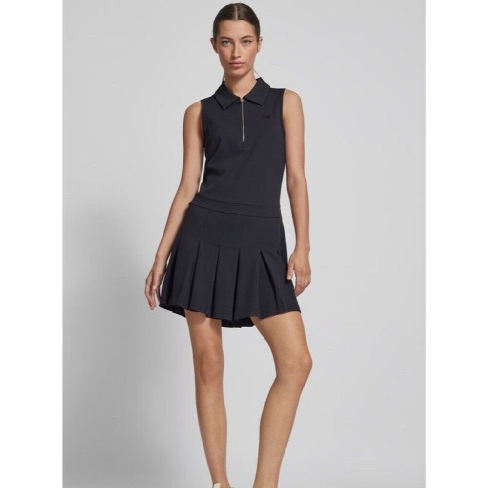 DKNY Sport Logo Embroidered Black Half Zip Golf Pleated Tennis Dress SM Preppy